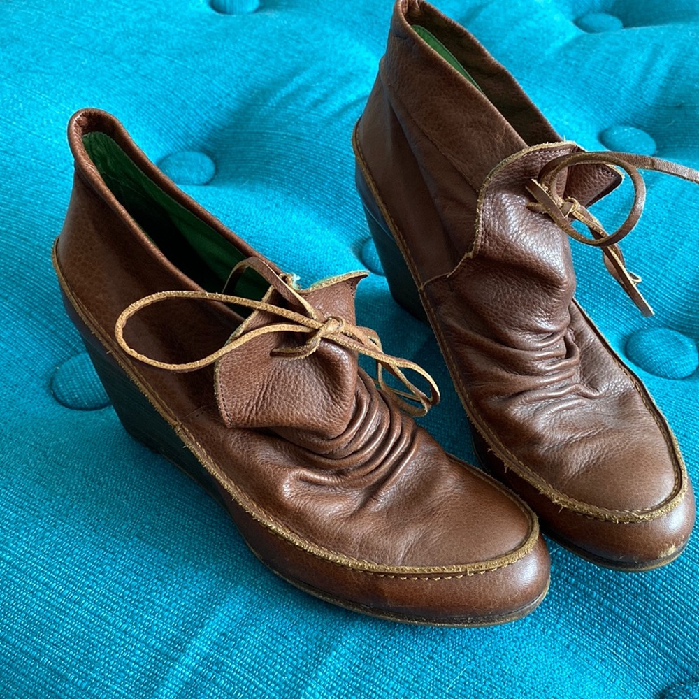 French Cognac Leather Wedge Bootie